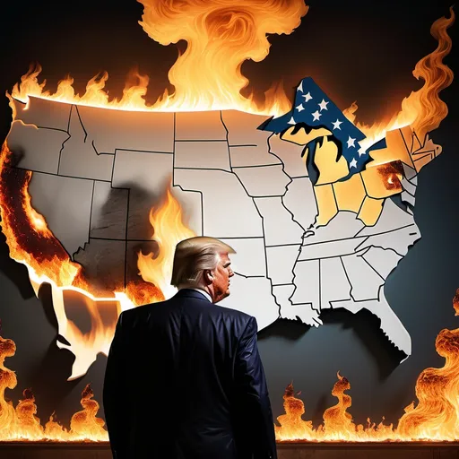 Prompt: Donald Trump setting a large wall map of the United States on fire with a torch, US map in flames, hyper-realistic detail, somber atmosphere, action-packed moment captured, reminiscent of Herbert Block style cartoon, dramatic lighting, emotional narrative, intense scene, high-quality imagery, dynamic composition, Ultra-Detailed.