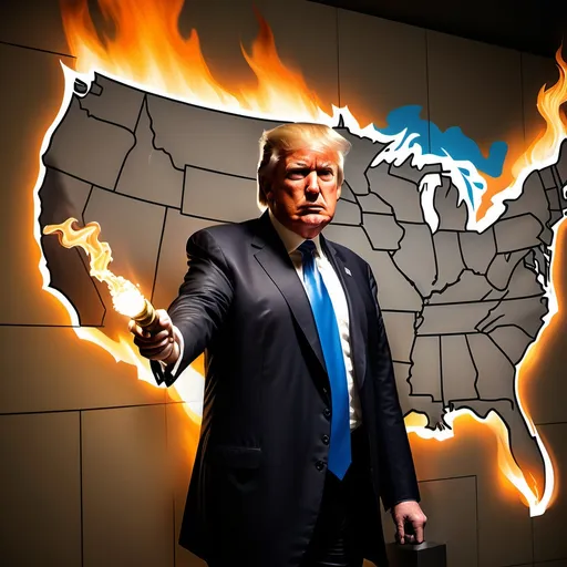 Prompt: Donald Trump setting a large wall map of the United States on fire with a torch, US map in flames, hyper-realistic detail, somber atmosphere, action-packed moment captured, reminiscent of Herbert Block style cartoon, dramatic lighting, emotional narrative, intense scene, high-quality imagery, dynamic composition, Ultra-Detailed.