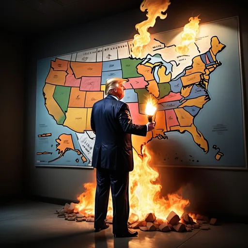 Prompt: Donald Trump setting a wall map of the United States on fire with a torch, hyper-realistic detail, somber atmosphere, action-packed moment captured, reminiscent of Herbert Block style cartoon, dramatic lighting, emotional narrative, intense scene, high-quality imagery, dynamic composition, Ultra-Detailed.