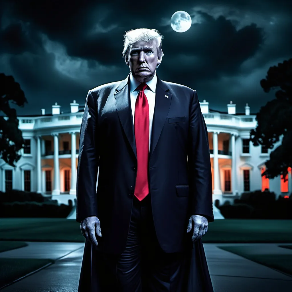 Prompt: Donald Trump blended with Voldemort, dressed in dark Voldemort clothing, wearing a striking red tie, an ominous presence. Eerie, foreboding atmosphere under a moonlit sky, shadows casting intrigue, US White House starkly looming in the background, night scene showcasing dark, dramatic colors. Terrifying and captivating, high detail, cinematic masterpiece, expertly captured in 4K quality.