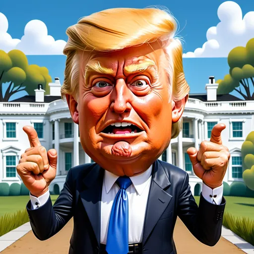 Prompt: (Donald Trump dressed as Jed Clampett), whimsical cartoon style, (detailed expressions), vibrant colors, playful ambiance, White House in background, humorous elements, exaggerated features, thick outlines, Herbert Block inspired, HD quality, engaging composition, comedic representation, lively atmosphere, creative character design, intricate facial details, richly animated setting, fun and entertaining scene.