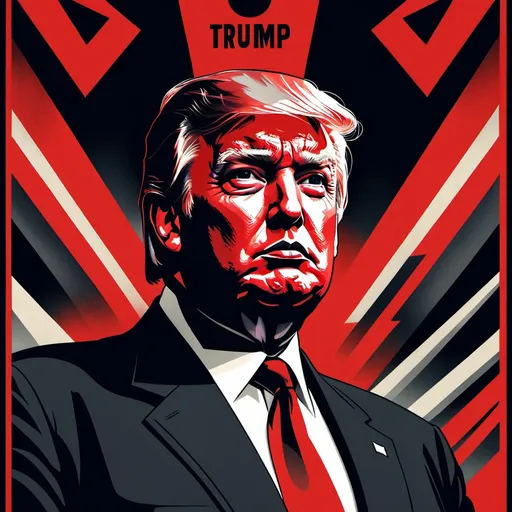 Prompt: Imposing figure of Donald Trump, 1930s Soviet Union political poster, brutalism art form, red and black color tones, somber atmosphere, powerful gaze, sharp angles, dramatic contrast, TBrettionista lettering style, propaganda aesthetic, highly detailed.