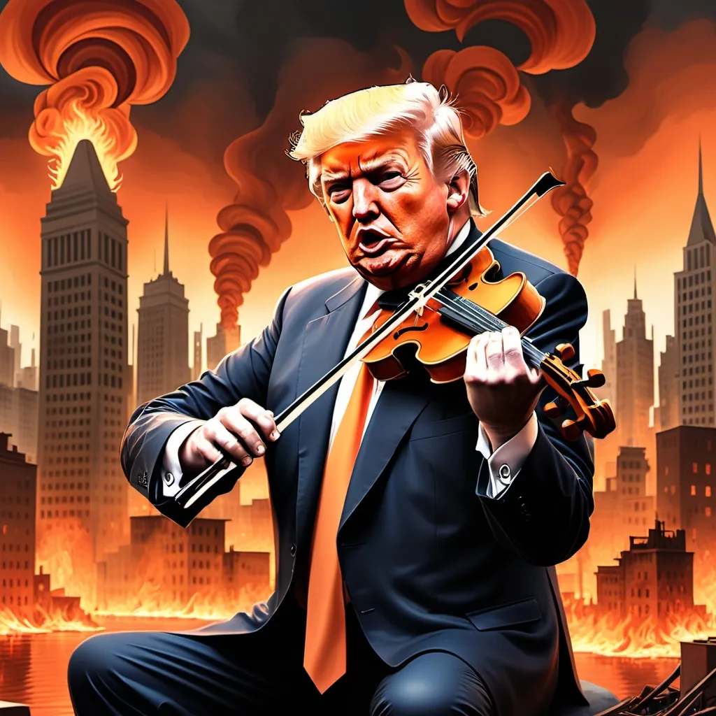 Prompt: Donald Trump playing a fiddle, vividly illustrated in Herbert Block style, burning cityscape in the background, chaotic disaster vibes, catastrophic tone, flames roaring with a reddish orange hue, reflections of despair and chaos, exaggerated expressions, intricate detailing, high-quality cartoon, evoking a dystopian nightmare scene, capturing the surreal essence of a crumbling world.