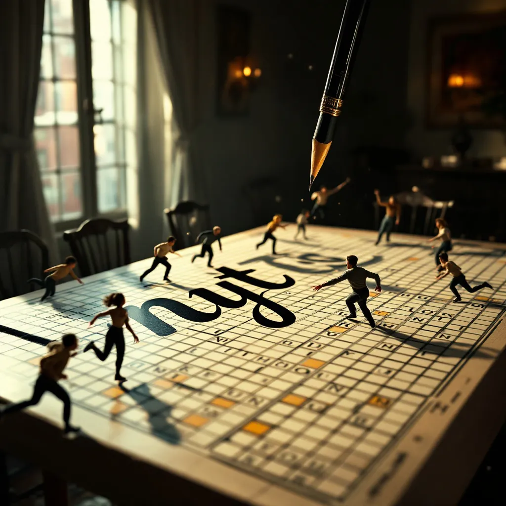 Prompt: Giant 3D crossword puzzle on 1950s dinner table, hyper-realistic, players running on giant puzzle squares, action-packed atmosphere, threatening ink pens and pencils poised above, intricate details of the puzzle leading to danger, dynamic composition, tension-filled light and shadow contrasts, black and white,  dramatic perspective, ultra-detailed, immersive experience. Letters "NYT"
