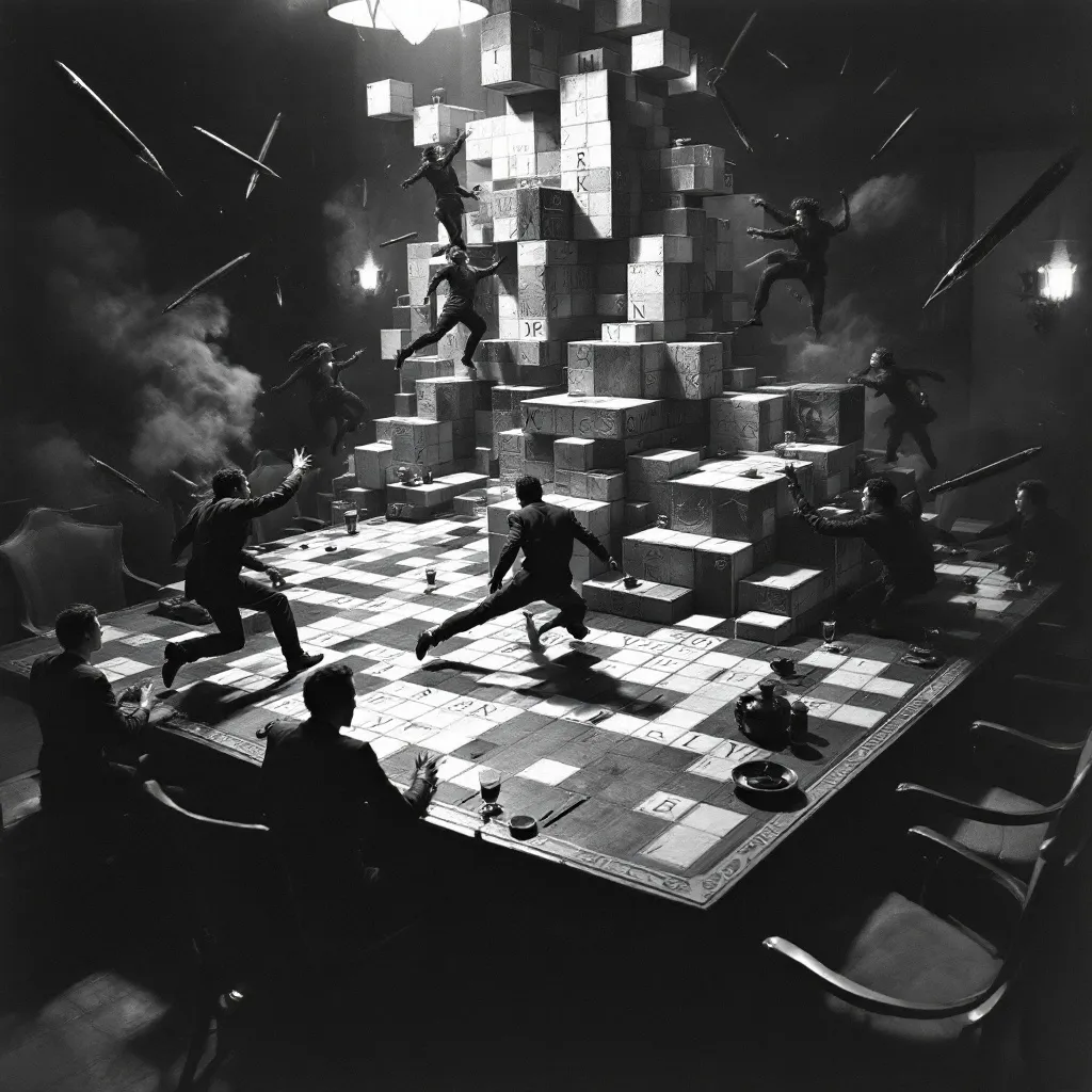 Prompt: Giant 3D crossword puzzle on 1950s dinner table, hyper-realistic, players running on giant puzzle squares, action-packed atmosphere, threatening ink pens and pencils poised above, intricate details of the puzzle leading to danger, dynamic composition, tension-filled light and shadow contrasts, black and white,  dramatic perspective, ultra-detailed, immersive experience. Letters "NY Times"