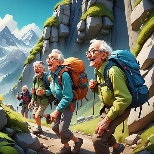 Prompt: (hyper-realistic) colorful humorous scene, elderly adventurers with backpacks and hiking gear, escaping over a high camp wall, exaggerated facial expressions filled with joy and mischief, vibrant greens and blues depicting the outdoors, detailed surroundings including tents and gear, whimsical atmosphere, dramatic lighting for a lively yet comedic vibe, ultra-detailed, 4K.