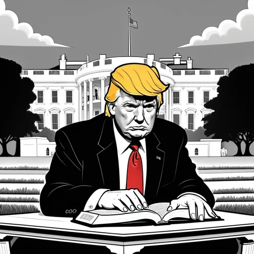 Prompt: Black and white cartoon of Donald Trump with hand on Bible, featuring vibrant red tie and blonde hair, set in a solemn and peaceful inaugural atmosphere, with the U.S. White House silhouetted in the background. Captured in the distinctive Al Hirshfeld style, emphasizing expressive lines and whimsical details, creating a sophisticated yet approachable mood, reflecting the historical significance of the moment.