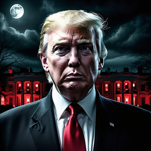 Prompt: Donald Trump blended with Voldemort, dressed in dark Voldemort clothing, wearing a striking red tie, an ominous presence. Eerie, foreboding atmosphere under a moonlit sky, shadows casting intrigue, US White House starkly looming in the background, night scene showcasing dark, dramatic colors. Terrifying and captivating, high detail, cinematic masterpiece, expertly captured in 4K quality.