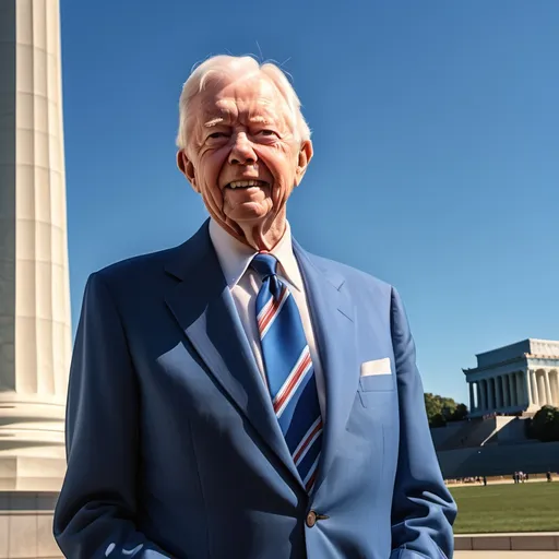 Prompt: President Jimmy Carter (proud posture), blue suit with white shirt and blue tie, Lincoln Memorial in the background, vibrant blue sky, US Flag billowing on pole, (colorful), (hyper-realistic), detailed expressions, warm sunlight illuminating the scene, affirming a patriotic atmosphere, (4K), cinematic composition capturing historical significance, grandeur, and enduring pride.