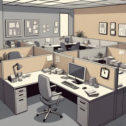 Prompt: Office cubicle setting, cartoon style inspired by Herbert Block, dull and dreary atmosphere, grey and beige color scheme, 1970s decor, office workers exhibiting bored and exhausted postures, lifeless facial expressions, mood of monotony and fatigue, cramped spaces with outdated furniture, heavy shadows, minimal details, ultra-detailed, vibrant, expressive, and engaging representation of office life.