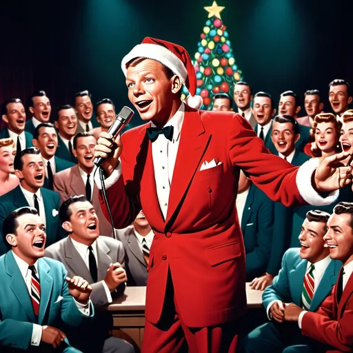 Prompt: Frank Sinatra in a (vibrant red Santa Claus costume), singing on stage with an (old-style microphone), adorned with a (colorful Christmas tree) in the background, surrounded by a (large audience of classy 1950s dressed men and women) in a dark auditorium, expressing a (cheerful atmosphere), showcasing (detailed expressions), captured in a (hyper-realistic style), inspired by (Herbert Block's cartoon artistry), conveying a delightful and festive vibe.