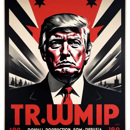 Prompt: Imposing figure of Donald Trump, 1930s Soviet Union political poster, brutalism art form, red and black color tones, somber atmosphere, powerful gaze, sharp angles, dramatic contrast, TBrettionista lettering style, propaganda aesthetic, highly detailed.