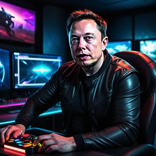 Prompt: Elon Musk in a dark computer game room, hyper-realistic details, large vibrant computer screen illuminating the surroundings, intense atmosphere, crazed wide-eyed expression, sweaty face reflecting the glow, gripping a game controller tightly, colorful neon lights creating dynamic shadows, immersive gaming experience, highly detailed facial features, moody light effects, ultra-detailed, 4K quality, gripping energy in the scene.