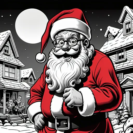 Prompt: (black and white), Santa Claus delivering toys, (exaggerated expressions), humorous and comedic tone, (Robert Crumb style cartoon), sharp outlines, dynamic playfulness, whimsical details, limited color palette with a bold red santa suit, quirky atmosphere, tactical use of light and shadow, 4K ultra-detailed illustration.