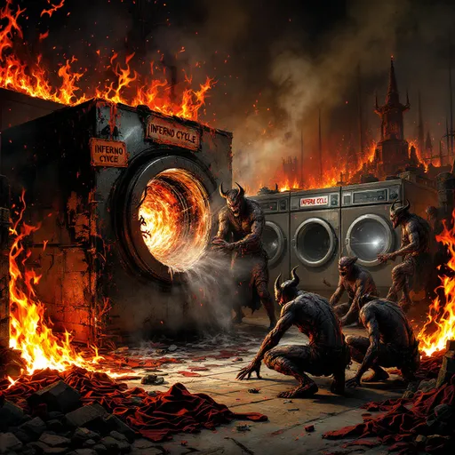Prompt: Laundromat in Hell, demons washing clothes in fiery washing machines, comical yet ominous atmosphere, Herbert Block style cartoon, vibrant flames and dark shadows, surreal humor blended with fear, hyper-realistic details in characters and machines, chaotic clutter of laundry, vivid reds and deep blacks in color palette, high definition, ultra-detailed composition.