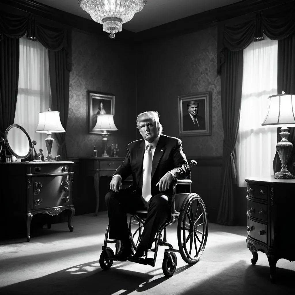 Prompt: (photorealistic) Donald Trump in a wheelchair, wearing a flamboyant dress, (comedic expression), surrounded by dramatic lighting, Betty Davis standing confidently over him, (smirking), vintage film noir style, black and white, richly detailed background featuring a lavish bed and a mirrored vanity, (exaggerated, hyper-realistic). High depth cinematic scene, vivid shadows enhancing the atmosphere, evoking humor in a surreal setup.