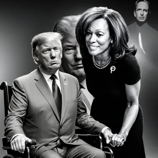 Prompt: (hyper-realistic), Donald Trump in (elegant black dress), sitting in (a luxurious wheelchair), Kamala Harris leaning down over him with an (amused expression), in a dramatic (Film Noir style), intricately detailed setting, rich contrasts of (deep shadows) and (bright highlights), (comedic ambiance), atmospheric smoke subtly enhancing the scene, ultra-detailed, and (cinematic quality).