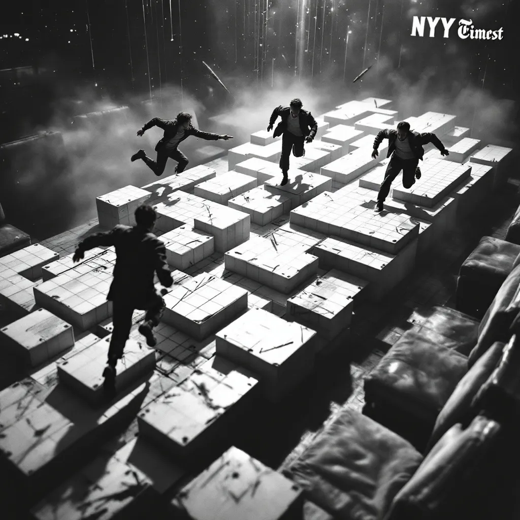 Prompt: Giant 3D crossword puzzle on 1950s dinner table, hyper-realistic, players running on giant puzzle squares, action-packed atmosphere, threatening ink pens and pencils poised above, intricate details of the puzzle leading to danger, dynamic composition, tension-filled light and shadow contrasts, black and white,  dramatic perspective, ultra-detailed, immersive experience. Letters "NYT"