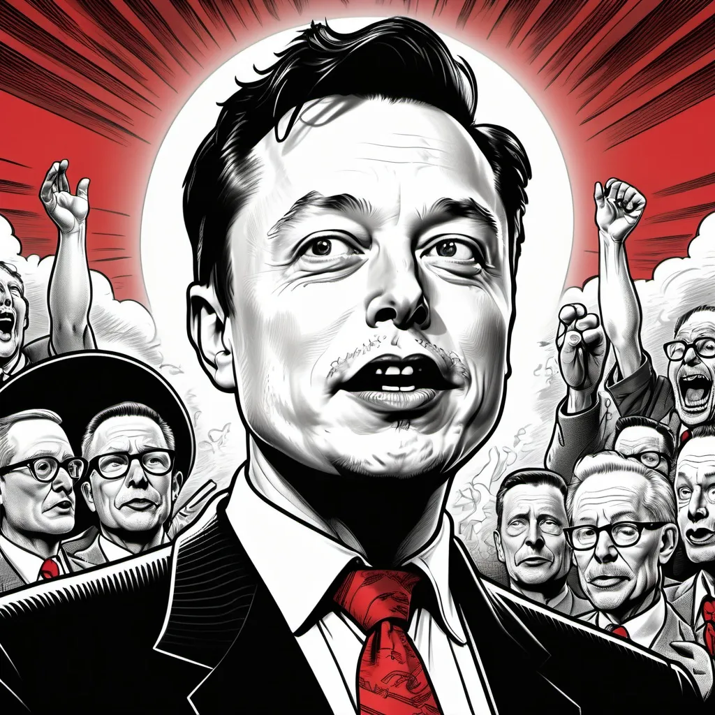 Prompt: (black and white), Elon Musk swearing oath on Bible, (exaggerated expressions), humorous and comedic tone, (Robert Crumb style cartoon), sharp outlines, dynamic playfulness, whimsical details, limited color palette with a bold red necktie, quirky atmosphere, tactical use of light and shadow, 4K ultra-detailed illustration.