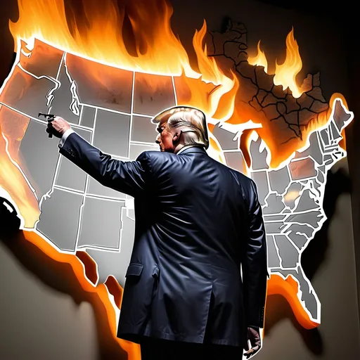 Prompt: Donald Trump setting a large wall map of the United States on fire with a torch, US map in flames, hyper-realistic detail, somber atmosphere, action-packed moment captured, reminiscent of Herbert Block style cartoon, dramatic lighting, emotional narrative, intense scene, high-quality imagery, dynamic composition, Ultra-Detailed.