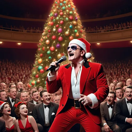 Prompt: Singer Bono in a (vibrant red Santa Claus costume), singing on stage with an (old-style microphone), adorned with a (colorful Christmas tree) in the background, surrounded by a (large audience of classy 1950s dressed men and women) in a dark auditorium, expressing a (cheerful atmosphere), showcasing (detailed expressions), captured in a (hyper-realistic style), inspired by (Herbert Block's cartoon artistry), conveying a delightful and festive vibe.