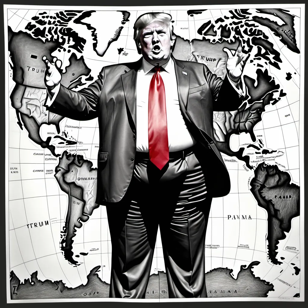 Prompt: (black and white) ballpoint pen drawing of (very obese Donald Trump), standing menacingly on a large map of Central America, (serious expression), wearing a (black suit with red tie), set near Panama, detailed cartography, dramatic shading, evocative linework, high contrast, (artistic masterpiece), conveying a strong sense of power and dominance in the image.