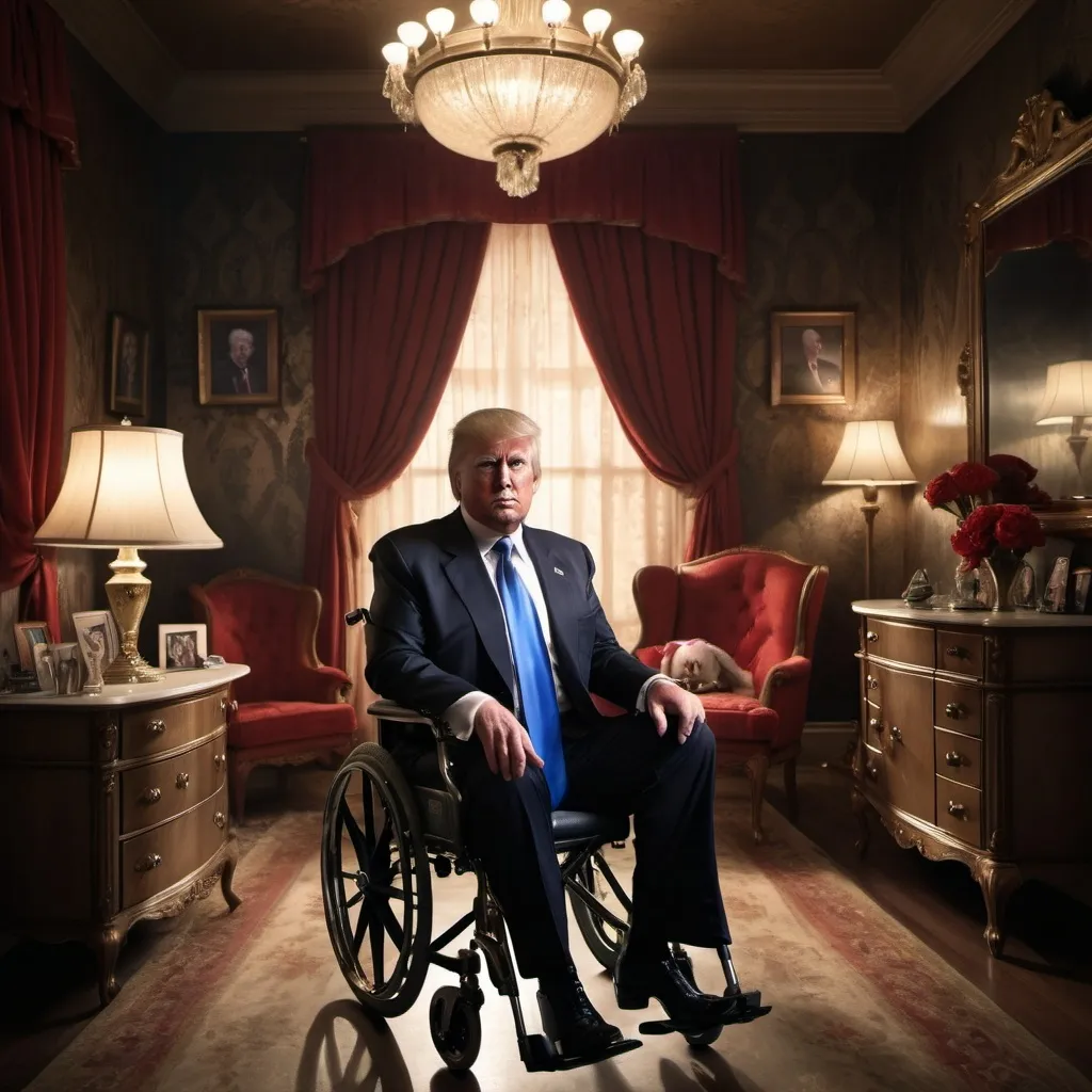 Prompt: (photorealistic) Donald Trump in a wheelchair, wearing a flamboyant dress, (comedic expression), surrounded by dramatic lighting, Betty Davis standing confidently over him, (smirking), vintage film noir style, richly detailed background featuring a lavish bed and a mirrored vanity, (exaggerated, hyper-realistic). High depth cinematic scene, vivid shadows enhancing the atmosphere, evoking humor in a surreal setup.