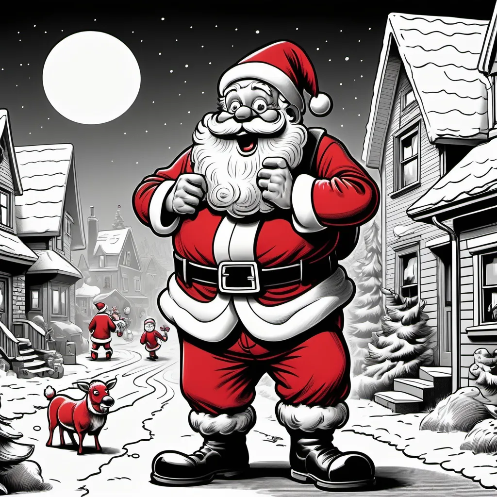 Prompt: (black and white), Santa Claus delivering toys, (exaggerated expressions), humorous and comedic tone, (Robert Crumb style cartoon), sharp outlines, dynamic playfulness, whimsical details, limited color palette with a bold red santa suit, quirky atmosphere, tactical use of light and shadow, 4K ultra-detailed illustration.