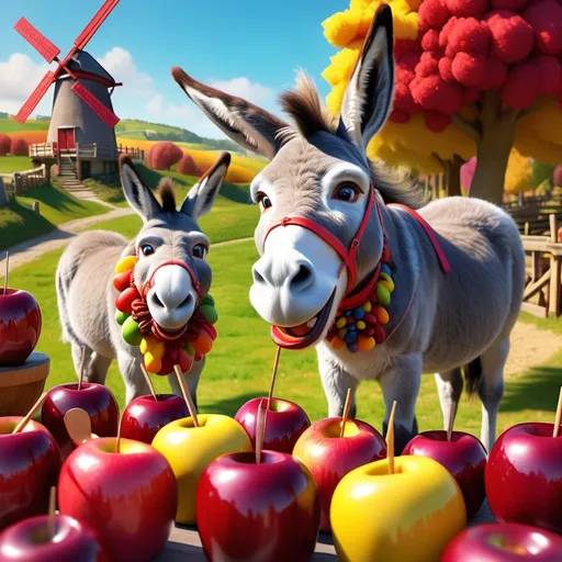 Prompt: (capture of Voltaire's Candide), windmills in the background, playful donkey interacting with colorful candied apples, vibrant and whimsical atmosphere, comedic scene, highly detailed elements, lush countryside setting, bright colors like deep reds and yellows, hyper-realistic textures, showcasing the joy and absurdity of the tale, (4K) quality image, inviting and cheerful ambiance.