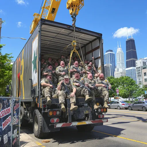 Prompt: Imagine a vibrant street scene set against the iconic Chicago skyline, where a bright blue sky contrasts with the stark, utilitarian colors of an army truck. The truck, parked at an angle on a sunny day, is in the process of unloading a group of jovial, severely obese men clad in US Army fatigues, their comical expressions bursting with camaraderie and laughter. A towering crane hovers above, its bright yellow beams gently lowering the soldiers to the pavement with exaggerated finesse. Each soldier clutches an M16 rifle, but instead of a sense of militaristic sternness, they demonstrate an animated playfulness, their cheeks flushed and grins wide. The scene is filled with vibrant colors, capturing the cheerful, comedic atmosphere, all rendered in hyper-realistic detail, transforming a whimsical concept into a lively tableau.