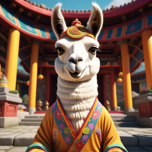 Prompt: (cartoon llama in Buddhist clothing), (Buddhist temple background), hyper-realistic rendering, vibrant and colorful style, comedic expression, playful atmosphere, whimsical details, intricate patterns on clothing, glowing elements around the temple, friendly llama pose, high quality (4K), ultra-detailed depiction, immersive and joyful ambiance.