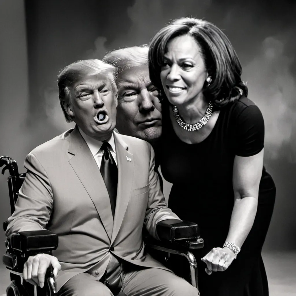 Prompt: (hyper-realistic), Donald Trump in (elegant black dress), sitting in (a luxurious wheelchair), Kamala Harris leaning down over him with an (amused expression), in a dramatic (Film Noir style), intricately detailed setting, rich contrasts of (deep shadows) and (bright highlights), (comedic ambiance), atmospheric smoke subtly enhancing the scene, ultra-detailed, and (cinematic quality).