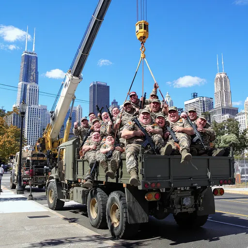 Prompt: Imagine a vibrant street scene set against the iconic Chicago skyline, where a bright blue sky contrasts with the stark, utilitarian colors of an army truck. The truck, parked at an angle on a sunny day, is in the process of unloading a group of jovial, severely obese men clad in US Army fatigues, their comical expressions bursting with camaraderie and laughter. A towering crane hovers above, its bright yellow beams gently lowering the soldiers to the pavement with exaggerated finesse. Each soldier clutches an M16 rifle, but instead of a sense of militaristic sternness, they demonstrate an animated playfulness, their cheeks flushed and grins wide. The scene is filled with vibrant colors, capturing the cheerful, comedic atmosphere, all rendered in hyper-realistic detail, transforming a whimsical concept into a lively tableau.