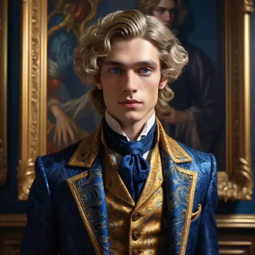 Prompt: (Detailed portrayal of Hallward's portrait of Dorian Gray), (vibrant colors), (hyper-realistic), (intricate details), a beautifully composed background showcasing a lavish, decadently ornate room, an expression of youthfulness and charm on the subject's face, rich textures and patterns in the clothing, golden curly hair, deep blue eyes, (4K), (cinematic lighting), evoking a sense of mystery and allure.