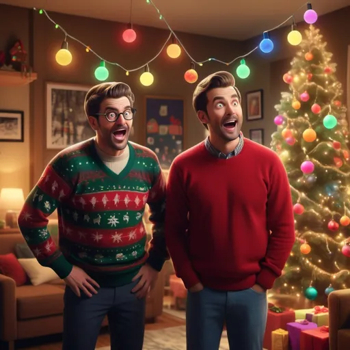 Prompt: (open view of a one bedroom apartment), (two casually dressed men), (multicolored bright Christmas lights adorning the entire space), comedic expressions, squinting as they react, exaggerated and hyper-realistic features, vibrant atmosphere, decorated with colorful ornaments, cozy yet lively ambiance, warm lighting illuminating the scene, (4K detail), playful and whimsical setting, an abundance of festive decorations.