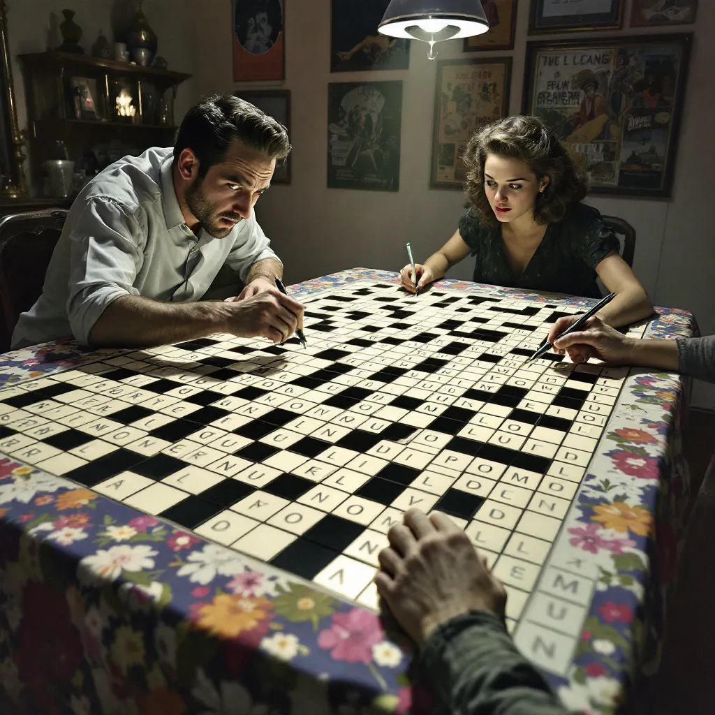 Prompt: Giant 3D crossword puzzle on 1950s dinner table, hyper-realistic, players running on giant puzzle squares, action-packed atmosphere, threatening ink pens and pencils poised above, intricate details of the puzzle leading to danger, dynamic composition, tension-filled light and shadow contrasts, black and white,  dramatic perspective, ultra-detailed, immersive experience. Letters "NY Times"