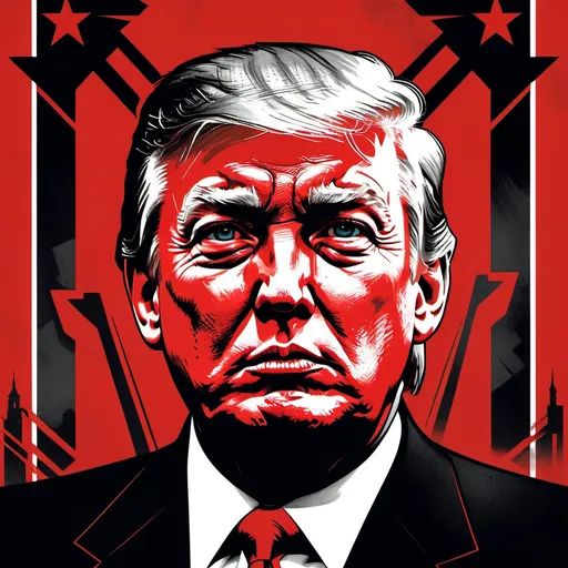 Prompt: Imposing figure of Donald Trump, 1930s Soviet Union political poster, brutalism art form, red and black color tones, somber atmosphere, powerful gaze, sharp angles, dramatic contrast, TBrettionista lettering style, propaganda aesthetic, highly detailed.