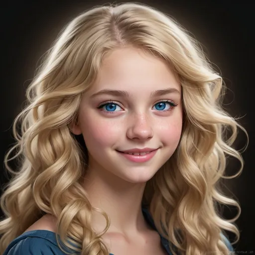 Prompt: a young, pretty teenage girl with long,  thick wavy blonde hair cascading over her shoulders. She has a small, heart shaped face with rosebud lips, button nose and small blue eyes. She wears a mean smile. digital art