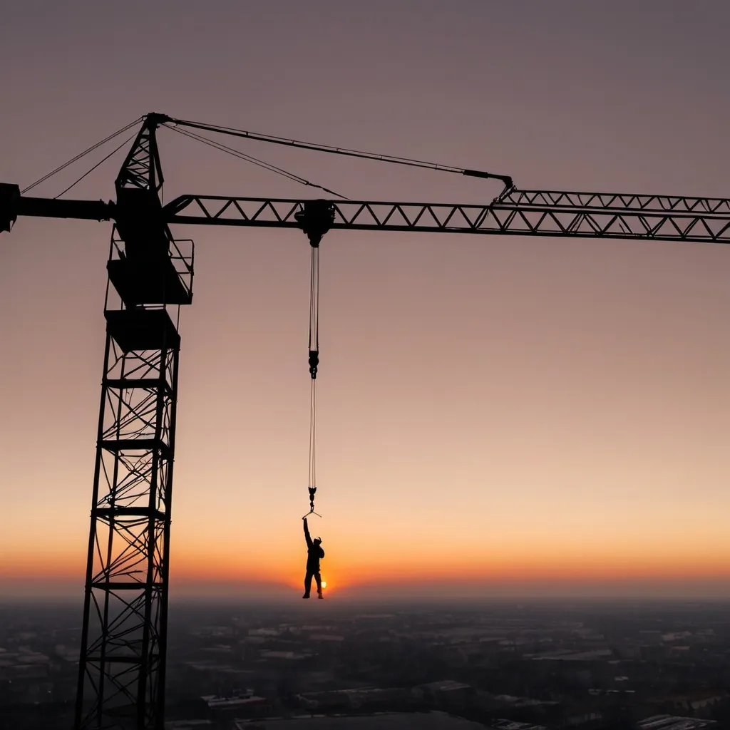 Prompt: Une image d’une personne en haut d’une grue avec en arrière plan un coucher de soleil