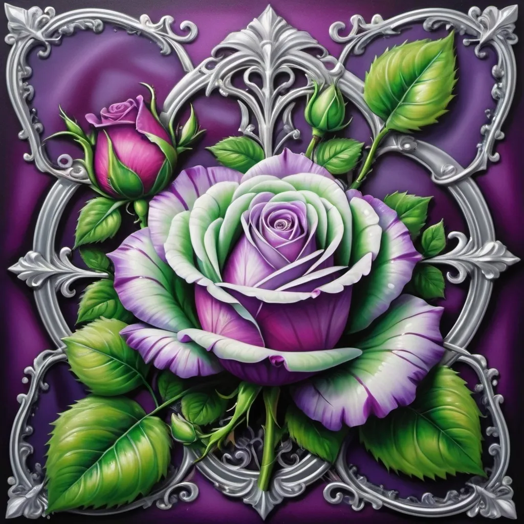 Prompt: a painting of a rose on a purple and green background with a silver frame and a green stripe around it, Anne Stokes, rococo, beautiful detailed, an airbrush painting