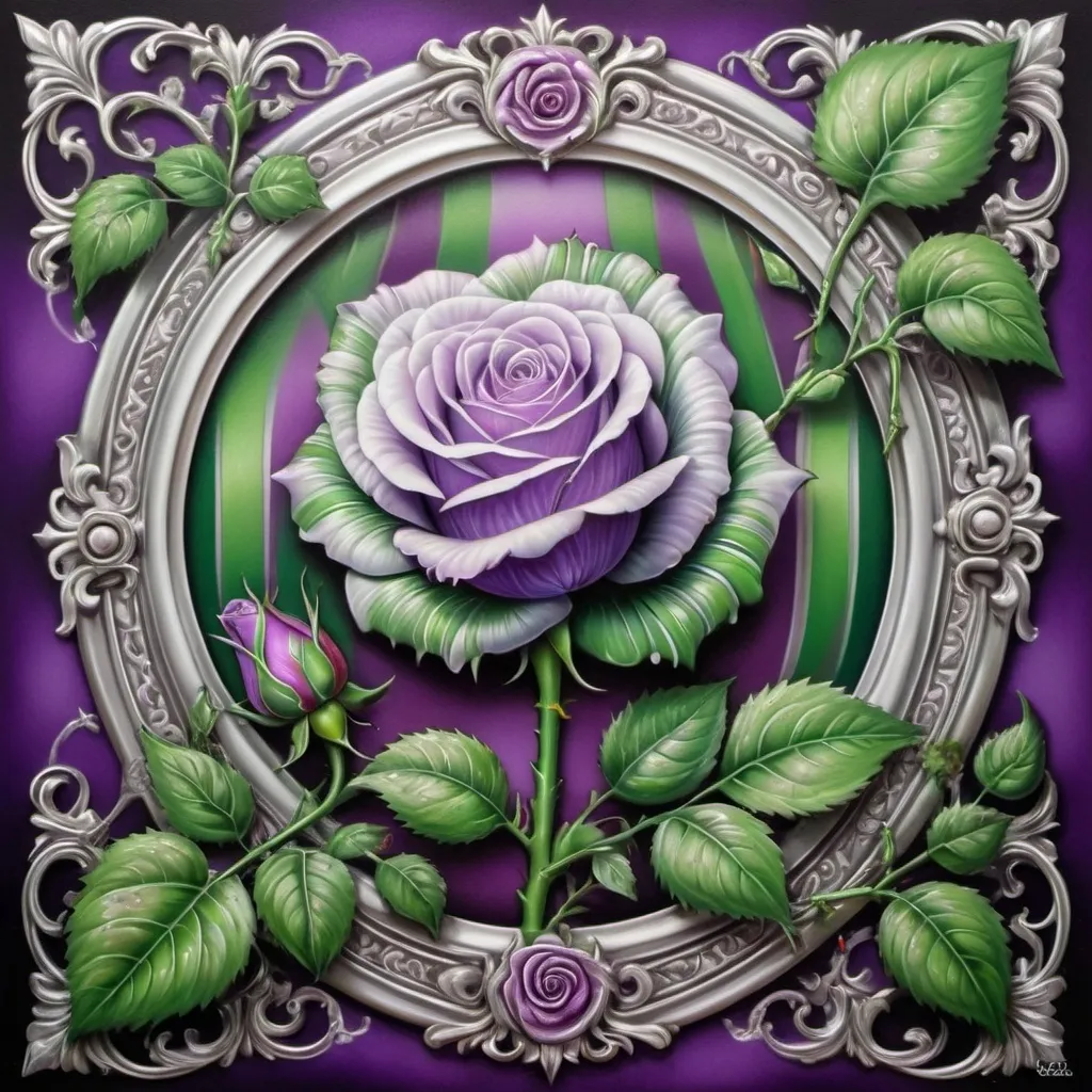 Prompt: a painting of a rose on a purple and green background with a silver frame and a green stripe around it, Anne Stokes, rococo, beautiful detailed, an airbrush painting