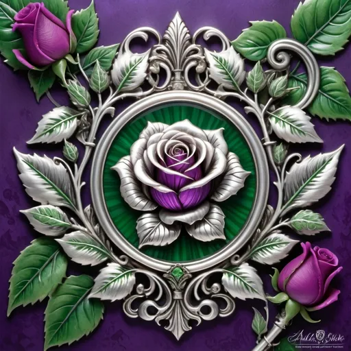 Prompt:  (detailed artwork), (Coat of Arms), a stunning Sterling Silver rose, ornate silver frame, vibrant Violet and green background, decorative green stripe surrounding the frame, delicate textures highlighting the petals, an enchanting aura captured in each brushstroke, luminous colors, high depth cinematic masterpiece, ultra-detailed, visually captivating artistry reminiscent of Anne Stokes’ captivating themes.