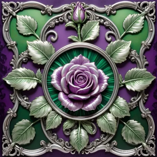 Prompt:  (detailed artwork), (rococo style), a stunning Sterling Silver rose, ornate silver frame, vibrant Violet and green background, decorative green stripe surrounding the frame, delicate textures highlighting the petals, an enchanting aura captured in each brushstroke, luminous colors, high depth cinematic masterpiece, ultra-detailed, visually captivating artistry reminiscent of Anne Stokes’ captivating themes.