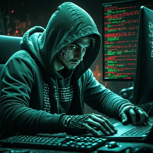 Prompt: A Pro Programmer hacker using GAMING Laptop and broken down codes hacks in background. 2d art