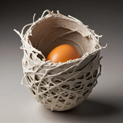 Prompt: Create a prototype of an egg packaging that is created from molded pulp and look like a bird nest.