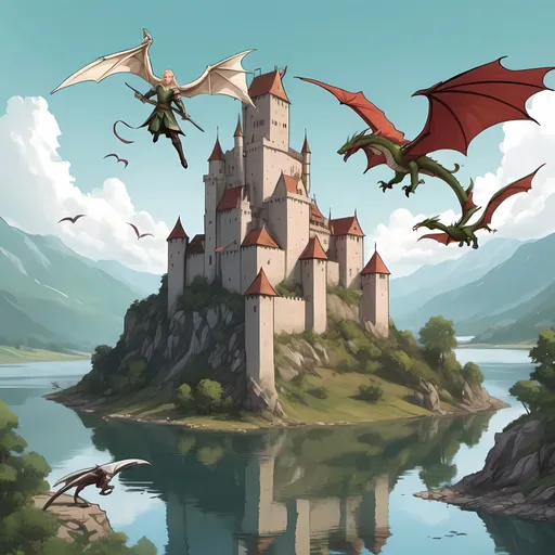 Prompt: Create a manhwa design with an elf, bard and warrior, with an image of a medieval castle in the background, a lake and dragons flying, plus the name Holy Avenger in medieval style too.
