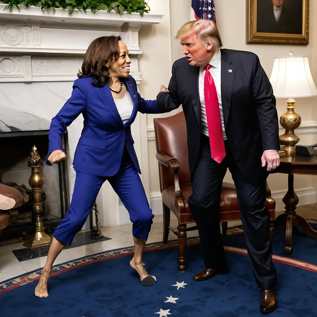 Prompt: Kamala Harris kicking Donald Trump, dwarf fight