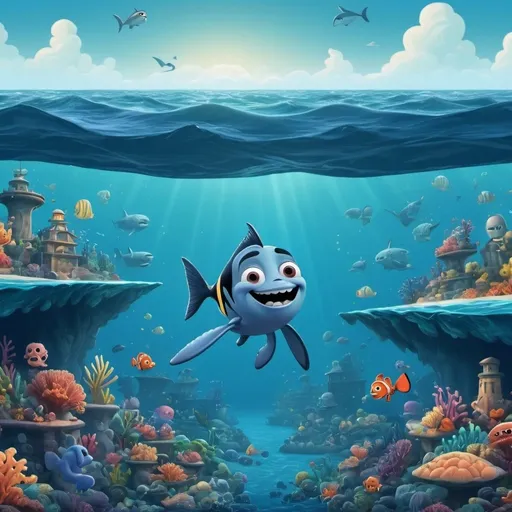 Prompt: create a seamless design of a background image of an ocean with a pixar cartoon in the middle 