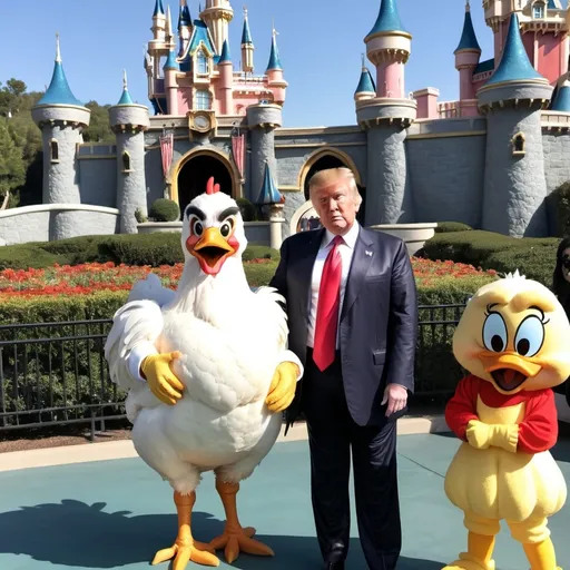 Prompt: Chicken Nuggy Donald Trump visits Kanye west at disney land 