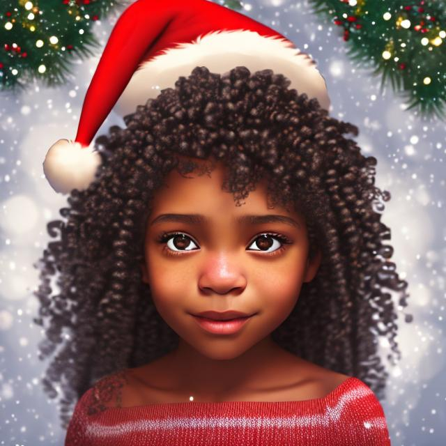 Prompt: a realistic little black girl  high defintion curly hair  black shy look, light brown  eyes wearing a christmas hat